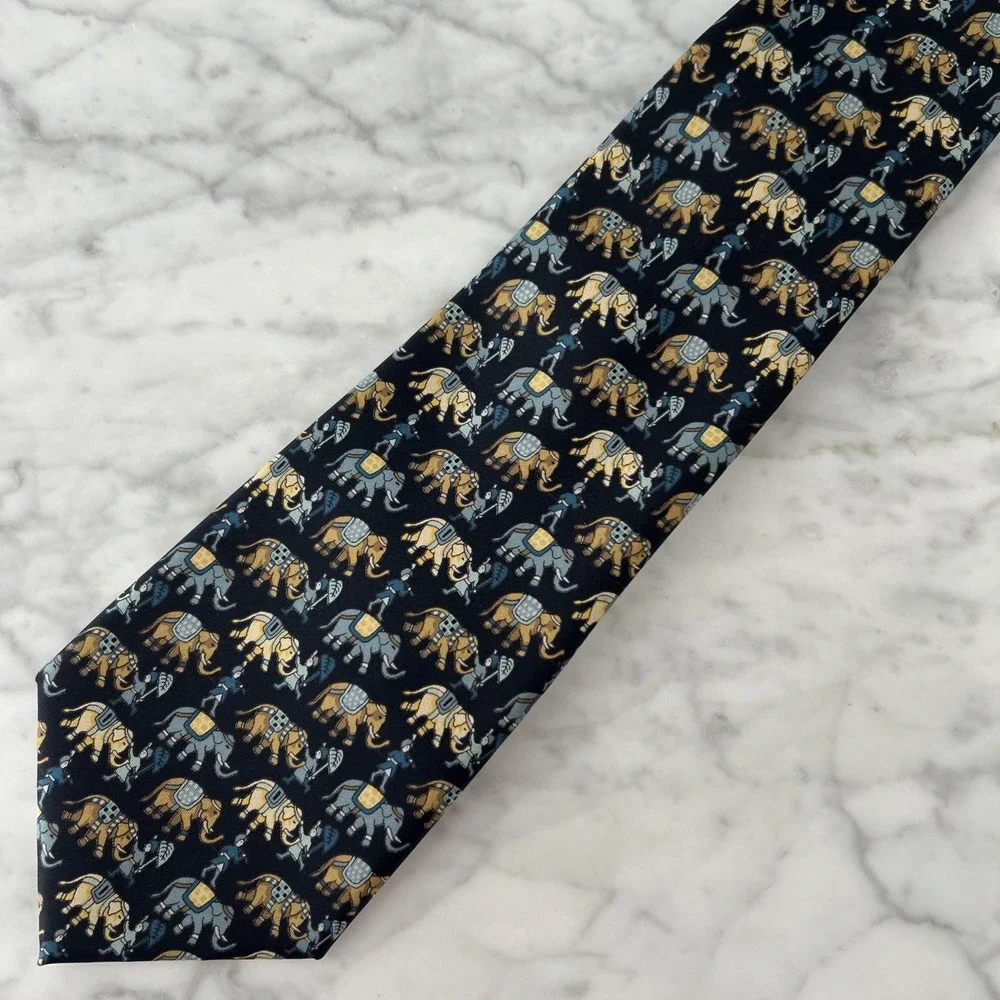 Jim Thompson 100% Silk Tie Whimsical Elephants Animal Print Blue & Tan